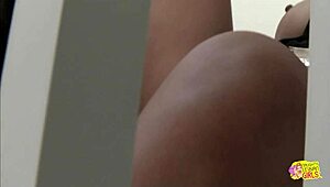 two brunettes screaming wild with toys licking big tits on staircase!