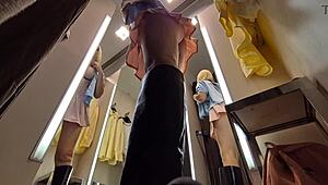 Blonde's see-through try-on without panties spied wet in dressing room!