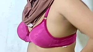 Arab housewife in hijab strips naked fingering big pussy craving huge cock fuck