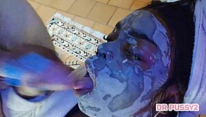 Ebony beauty chokes on surprise monster cock during slow-motion facial cumshot massage