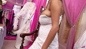 big tits bride jannet and sharon pink seduce guys to mmf threesome fuck in store!