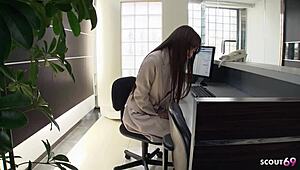 japanese secretary kneels to suck old boss cock in public work toilet