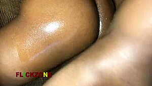 Chubby ebony neighbor oils up huge tits and goes straight for hard fuck