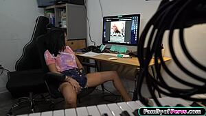 stepsis catches you stroking demands your cock down her throat