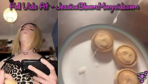 big dick trans jessica bloom edges cum on cookie then devours it hungrily