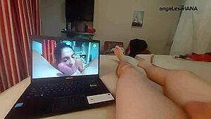 Latina bodybuilder milf with huge tits deepthroats cousin's monster cock reacting to her anal video