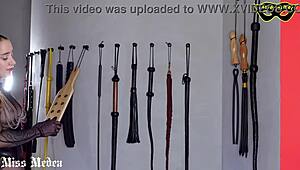 Mistresses compete whipping bound slaves harder