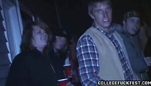 Petite Brunette Coed Teases Before Hard Pussy Pounding at University Party