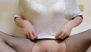 Ting Xuan rides dildo hard in fishnet stockings