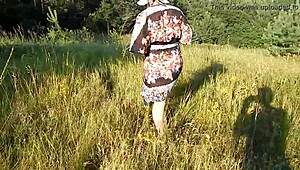 Hairy chubby mature flashes wet beaver under skirt on public nudist beach