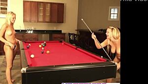 Baby wanna see cute lesbian blonde lick natural tits play billiards dildo