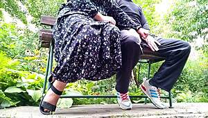 Mature BBW milf teases with saggy tits before outdoor public handjob sex