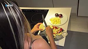 Step bro rams step sis mouth rough while she cooks in tiny panties then blasts face