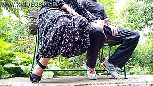 Mature BBW milf teases with saggy tits before outdoor public handjob sex