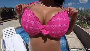 watch babe's massive oiled tits bounce during pussy creampie pounding session