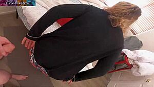 stepson grinds dick on stepmom's fat ass then pounds her pussy missionary on bed creampie finish