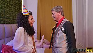 Young brunette cheats on holiday with old Czech daddy in rubber fantasy