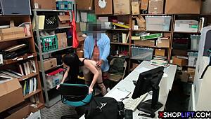 mall cop rips clothes off shoplifting teen's hairy pussy and dominates her backstage