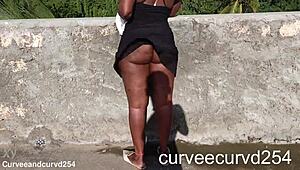 Upskirt Flashing Curvy Black Amateur's Fat Ass No Panties Outdoors