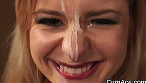 Pretty face drips with hot jizz after swallowing bukkake load from handjob frenzy