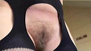 Hairy European Milf Housewife Stretches Beaver in Gym Fishnets Workout