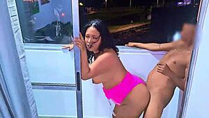 Picture this latina milf slurping cock on medellin balcony as cars zoom by below