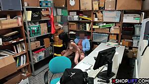 mall cop rips clothes off shoplifting teen's hairy pussy and dominates her backstage