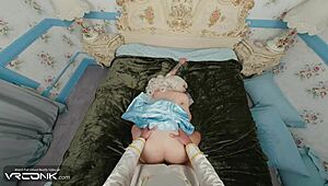 vr cosplay teen blonde cinderella slurps monster cock then rides it missionary