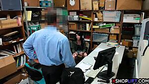 mall cop rips clothes off shoplifting teen's hairy pussy and dominates her backstage