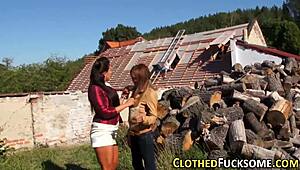 Glamorous Euro hos in heels take outdoor threeway facials