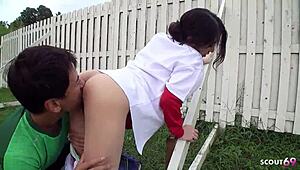 Skinny Japanese cricket babe bends for coach's uncensored creampie doggy outdoors