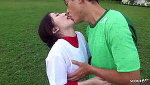 Skinny Japanese cricket babe bends for coach's uncensored creampie doggy outdoors