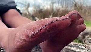 Forest Goddess Spreads Legs Teasing Feet in Tan Pantyhose