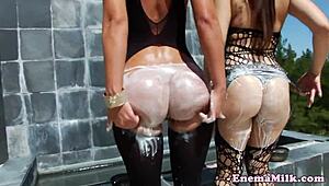 dairy babes do squirting milk enema threesome bent over messy as fuck 💦🥛🍑