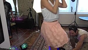 horny party blondes flash panties under miniskirts then strip and tease each other backstage