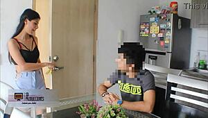 Brunette latina deepthroats big cock then creampied doggystyle