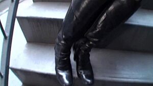 Asian Mom Junko Sakashita Fingers Shaved Pussy Shows Big Tits on Street Heels