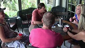 Brunette milf housewife and shaved pussy sluts line up for hardcore group pounding