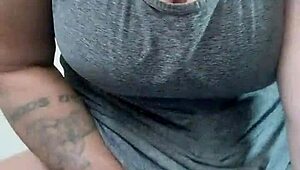 tattooed brunette wife squeezes dildo between natural tits then fucks it hard