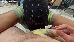 Ebony slave chokes on small cock puking orange creamsicle then sloppy rimjob