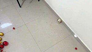 busty stepdaughter unwraps her new year's treat for twisted stepdad