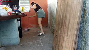 my wife left and the hot short maid grabbed my cock shoved it in her around the house