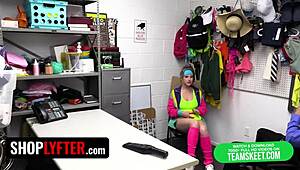 Incompetent Blonde Shoplifter with Big Natural Tits Caught and Stripped in Backroom for Police Questioning Behind Scenes