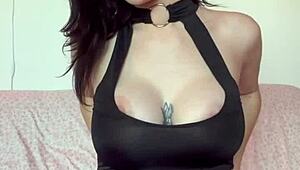 Tall skinny 60s slut with big tits sucks dildo and fucks tight pussy in lingerie