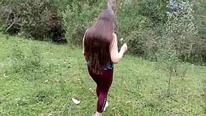 stepmom flashes huge pussy lips and tits in forest for stepson