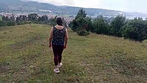 stepmom flashes huge pussy lips and tits in forest for stepson