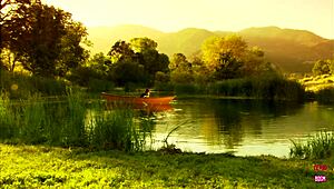 this couple fucks rough outdoors in tiny lake boat wearing stockings and heels!