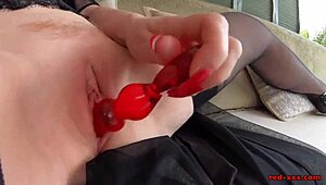 hey check her out, this mature british redhead teases in stockings then fucks her tight shaved cunt with glass dildo 😏🔥