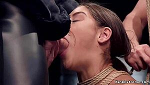 Gagged teen slave bound for rough anal threesome with deepthroat gagging