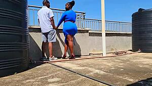 He sneaks behind his big ass ebony neighbor on the sofa, bends her over for intense doggystyle pounding until cumshot